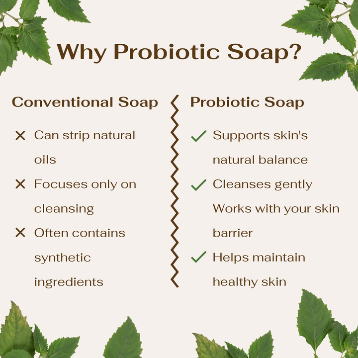Comparison chart between conventional soap and probiotic soap with green leaf elements.