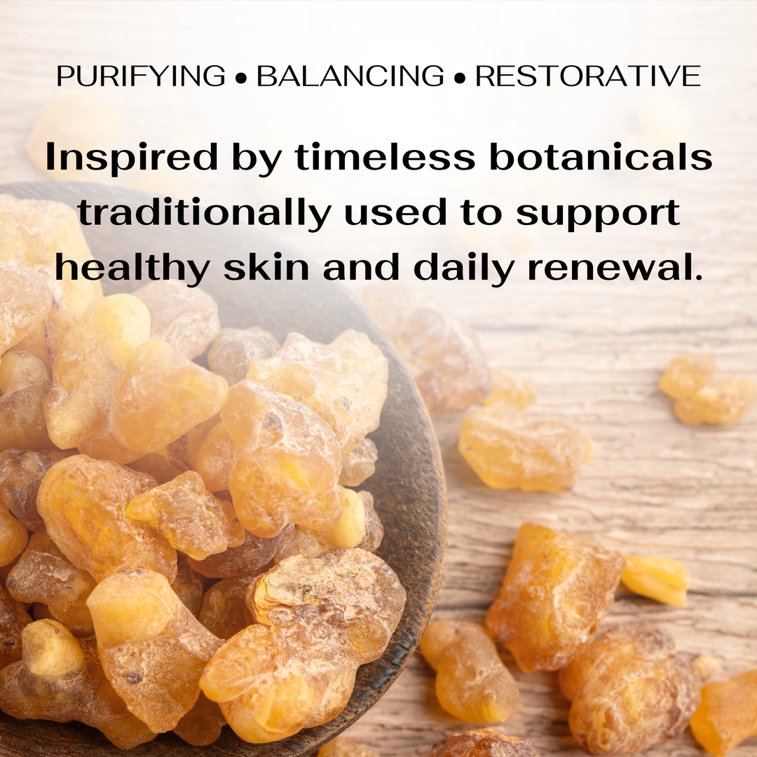 A bowl of frankincense resin with text about botanicals for skin health on a wooden background.