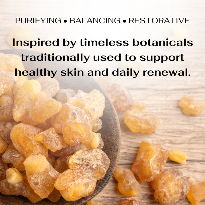 A bowl of frankincense resin with text about botanicals for skin health on a wooden background.