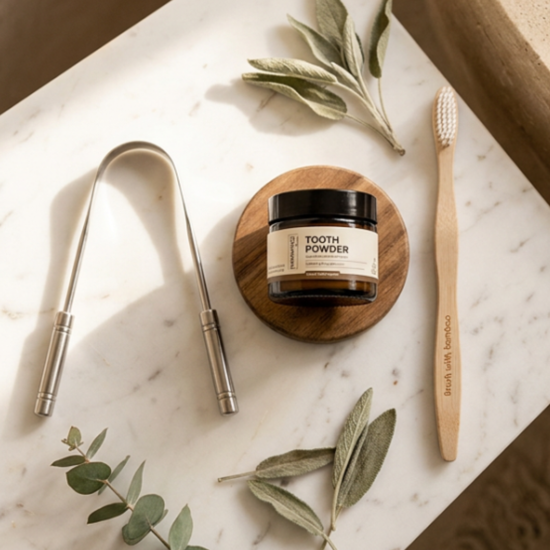 Jar of tooth powder with a wooden toothbrush and metal tool on a marble surface with green leaves.