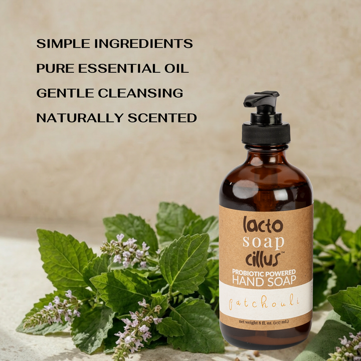 Lacto Soap Cillus hand soap bottle with green leaves and flowers on a beige background