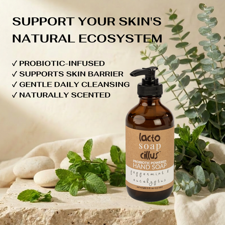 Lacto Soap Cillus hand soap bottle with natural elements on a light background