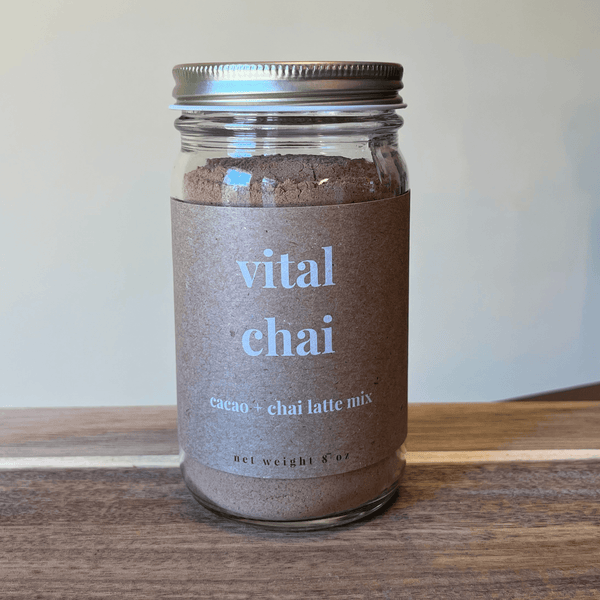 Vital Chai Energizing Adaptogenic Cacao Chai Latte Mix crafted with cacao, chai spices, and functional botanicals for natural energy support